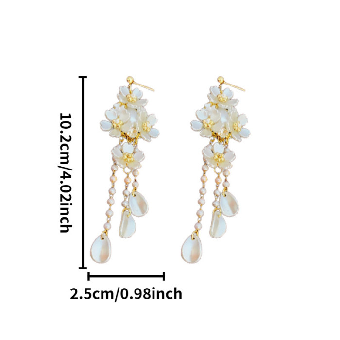2pcs Silvery Needle Flower Pearl Tassel Long Earrings, Light Luxury, Niche High-End Design, Elegant Temperament, Retro Fashion Earrings
