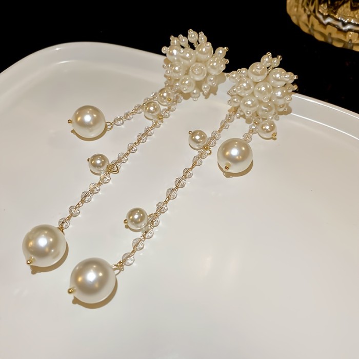 2pcs Elegant French-Style Long Tassel Earrings with Faux Pearl Flower Studs – White Floral Design, Perfect for Daily Wear, Vacation, and Valentine's Day Gift, Daily Wear Earrings | French Style Earrings | Pearl Embellishments, Novelty Earrings