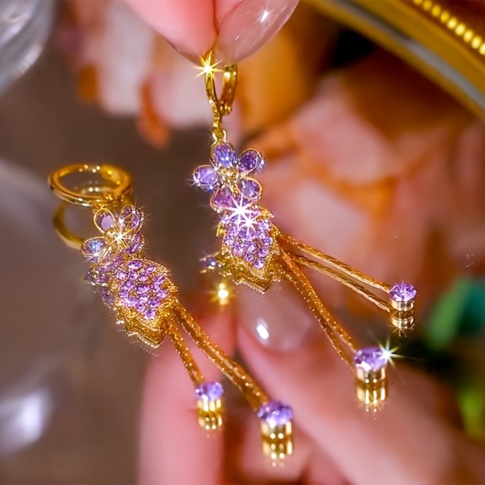 1 Pair Elegant Boho Style 14K Golden Plated Artificial Crystal Tassel Earrings, Purple Floral Leaf Design, Alloy Jewelry for Women, Perfect for Daily Wear & Parties