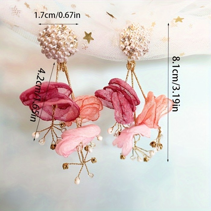 2pcs of Europe And The United States Vintage Bohemian Resort Style Fabric Petal Dangling Earrings Jewelry Exquisite Holiday Earrings Accessories Ideal for New Year'S Or Valentine'S Day Gifts