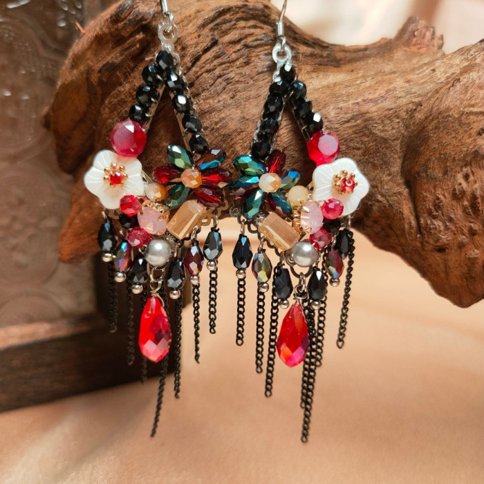 Party Accessories| Elegant Handmade Bohemian Chandelier Earrings - Floral & Beaded Design with Black Chains & Red Faux Crystals - Perfect Statement Jewelry for Women, Ideal for Parties & Festivals