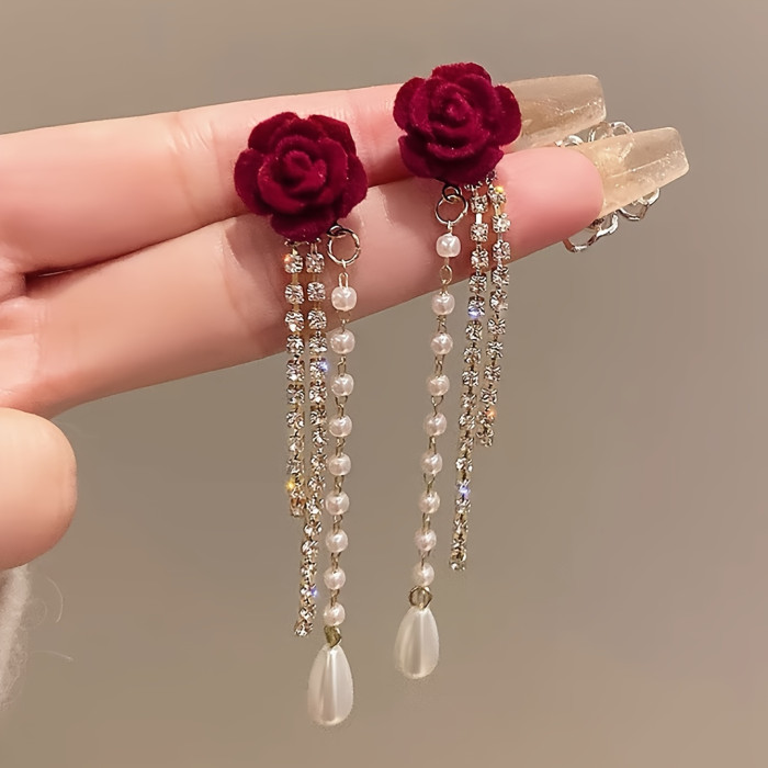 1 Pair of Red Rose 18K Golden Plated Synthetic Zirconia Pearl Tassel Earrings, High Touch Rose Earrings - An Elegant Wedding Accessory