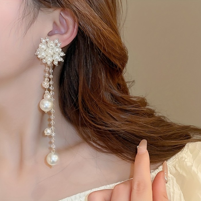 2pcs Elegant French-Style Long Tassel Earrings with Faux Pearl Flower Studs – White Floral Design, Perfect for Daily Wear, Vacation, and Valentine's Day Gift, Daily Wear Earrings | French Style Earrings | Pearl Embellishments, Novelty Earrings
