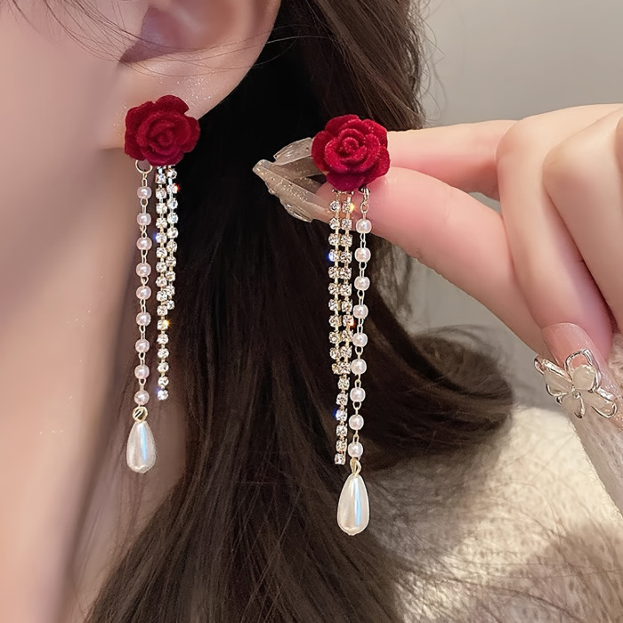 1 Pair of Red Rose 18K Golden Plated Synthetic Zirconia Pearl Tassel Earrings, High Touch Rose Earrings - An Elegant Wedding Accessory