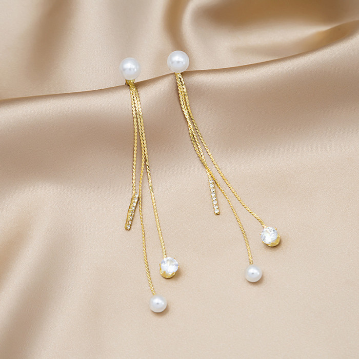 Elegant Long Tassel 3A Zirconia & Faux Dangle Earrings - Golden-Tone Chain with Clear Gemstones, Vintage Boho Style for Casual Attire or Gift, Valentine's Day Special, Romantic Accessories | Vintage Bohemian Style | 3A Zirconia Embellishments