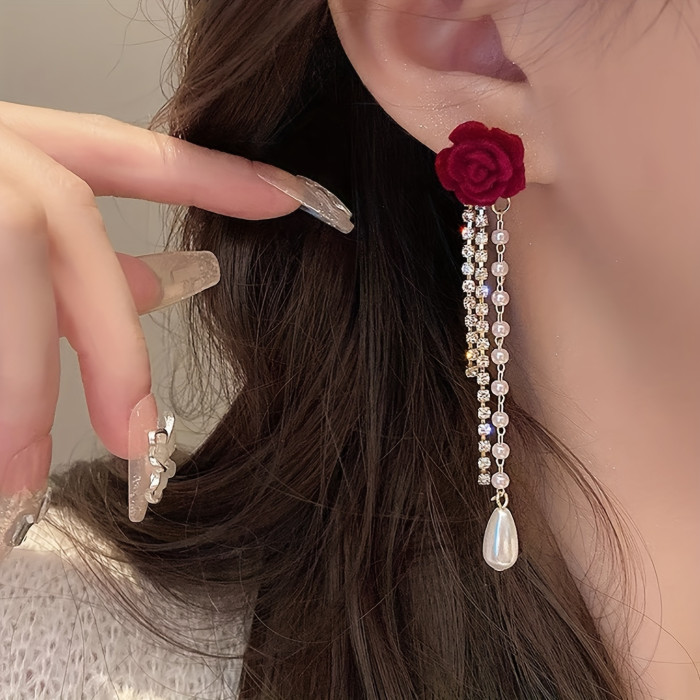 1 Pair of Red Rose 18K Golden Plated Synthetic Zirconia Pearl Tassel Earrings, High Touch Rose Earrings - An Elegant Wedding Accessory