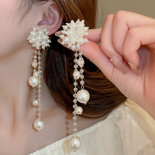 2pcs French Elegant Long Tassel Earrings with Faux Pearl Flowers, suitable for daily wear and vacation, perfect Valentine's Day and New Year's Eve party accessory!