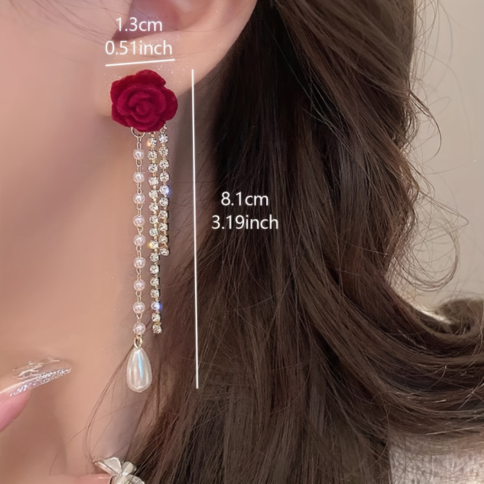 1 Pair of Red Rose 18K Golden Plated Synthetic Zirconia Pearl Tassel Earrings, High Touch Rose Earrings - An Elegant Wedding Accessory