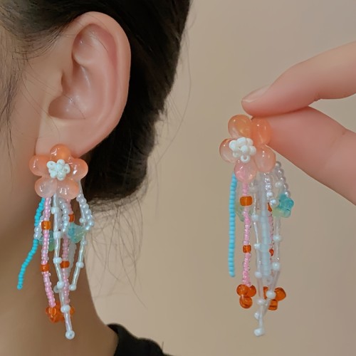 Chic Vintage-Inspired Colorful Beaded Flower Tassel Earrings for Women - 925 Silvery Posts, Perfect for Parties & Everyday Glam