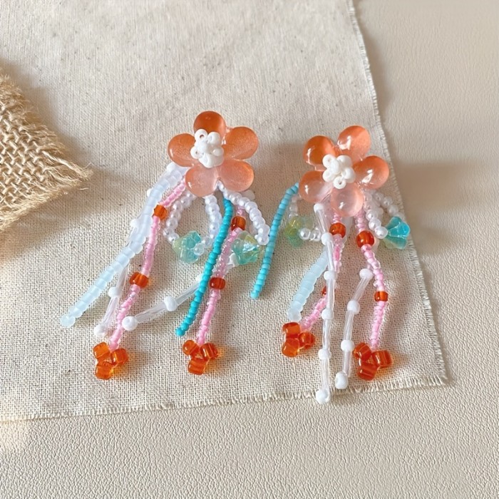 Chic Vintage-Inspired Colorful Beaded Flower Tassel Earrings for Women - 925 Silvery Posts, Perfect for Parties & Everyday Glam