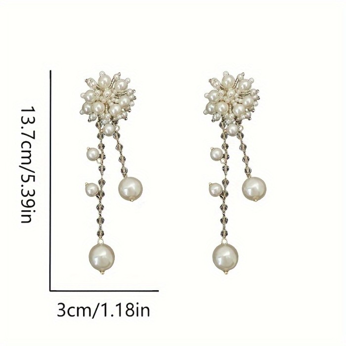 2pcs Elegant French-Style Long Tassel Earrings with Faux Pearl Flower Studs – White Floral Design, Perfect for Daily Wear, Vacation, and Valentine's Day Gift, Daily Wear Earrings | French Style Earrings | Pearl Embellishments, Novelty Earrings