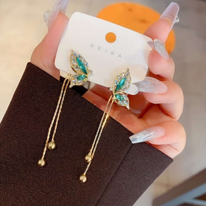 2pcs Stainless Steel Elegant Green Butterfly Tassel Drop Earrings for Women - Alloy Dangle with No Plating, Graceful Design, Versatile Fashion Jewelry
