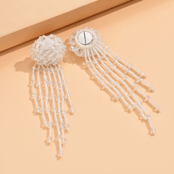 2pcs Elegant Long Tassel Beaded Earrings for Women – Handcrafted White Floral Design with Delicate Beads, Stainless Steel Posts, Perfect for Casual Attire or Vacation Accessories, Novelty Earrings