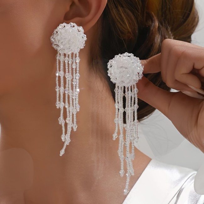 2pcs Elegant Long Tassel Beaded Earrings for Women – Handcrafted White Floral Design with Delicate Beads, Stainless Steel Posts, Perfect for Casual Attire or Vacation Accessories, Novelty Earrings
