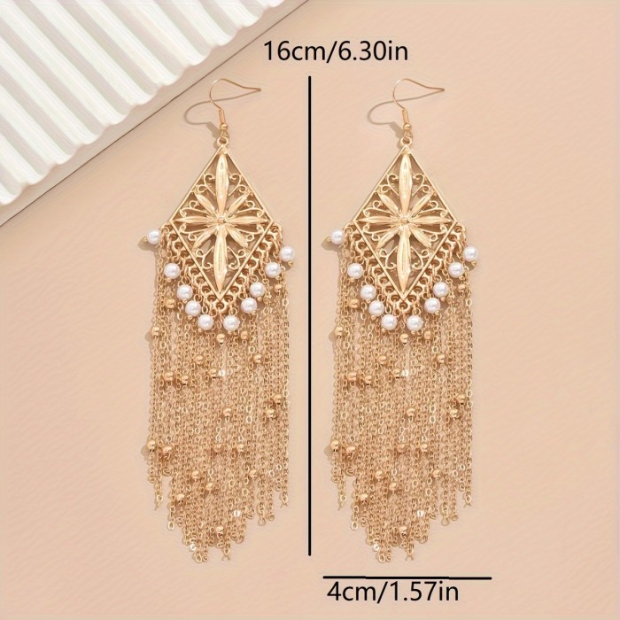 A Pair of Stylish Bohemian Ethnic Hollow Flower Pattern with Artificial Pearl And Bean Chain Tassel Earrings for Ladies' Daily Party Gifts