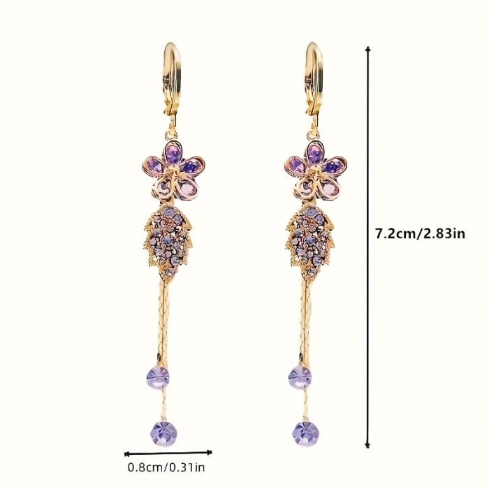 1 Pair Elegant Boho Style 14K Golden Plated Artificial Crystal Tassel Earrings, Purple Floral Leaf Design, Alloy Jewelry for Women, Perfect for Daily Wear & Parties
