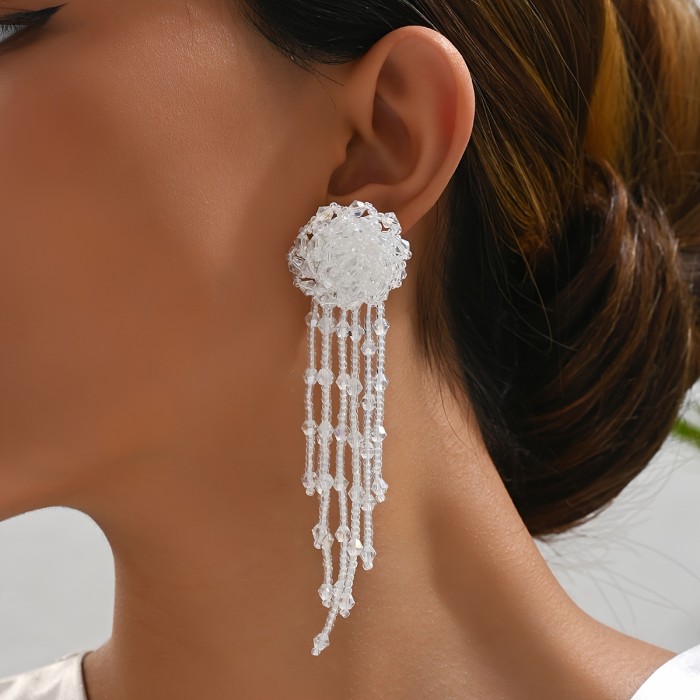 2pcs Elegant Long Tassel Beaded Earrings for Women – Handcrafted White Floral Design with Delicate Beads, Stainless Steel Posts, Perfect for Casual Attire or Vacation Accessories, Novelty Earrings