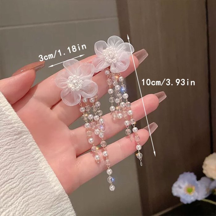 1 Pair of Elegant White Flower Beaded Long Tassel Earrings with Faux Pearls & Crystal Accents - Vintage Bohemian Style Alloy Dangle Earrings, Perfect for Everyday Glamour & Special Gifts, Novelty Earrings