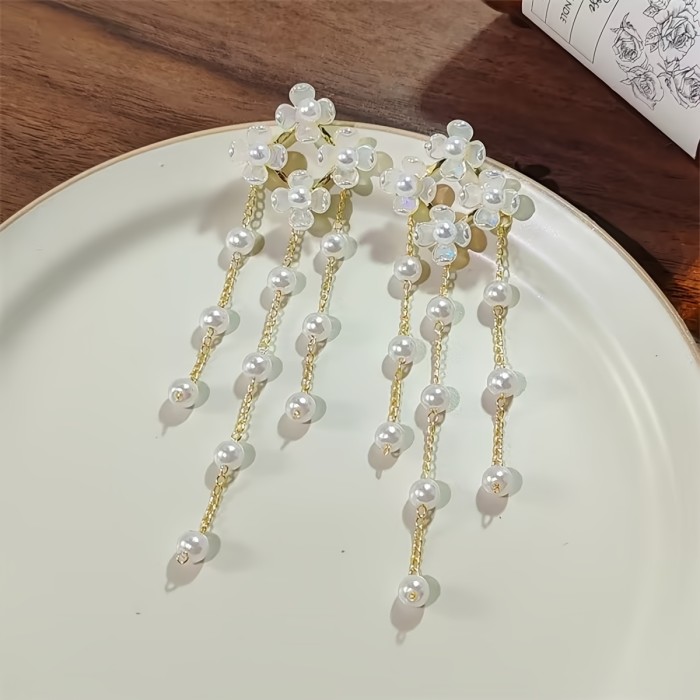 Elegant Floral Tassel Drop Earrings with Imitation Pearls - Long Alloy Dangle Ear Studs for Women, Sophisticated Design for Daily Wear and Special Occasions, Vacation Elegant Wear|Detailed Craftsmanship|Alloy Construction, Pearl Earrings