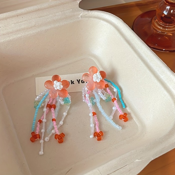 Chic Vintage-Inspired Colorful Beaded Flower Tassel Earrings for Women - 925 Silvery Posts, Perfect for Parties & Everyday Glam