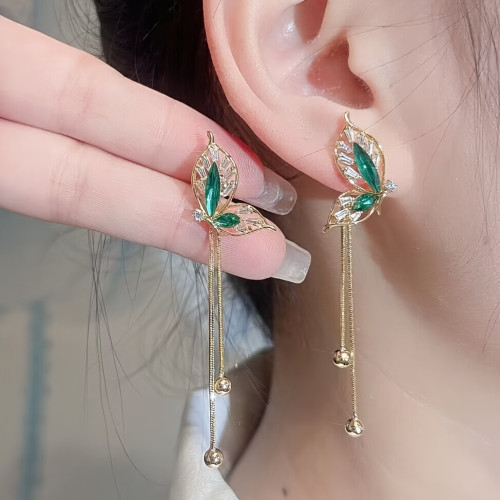 2pcs Stainless Steel Elegant Green Butterfly Tassel Drop Earrings for Women - Alloy Dangle with No Plating, Graceful Design, Versatile Fashion Jewelry