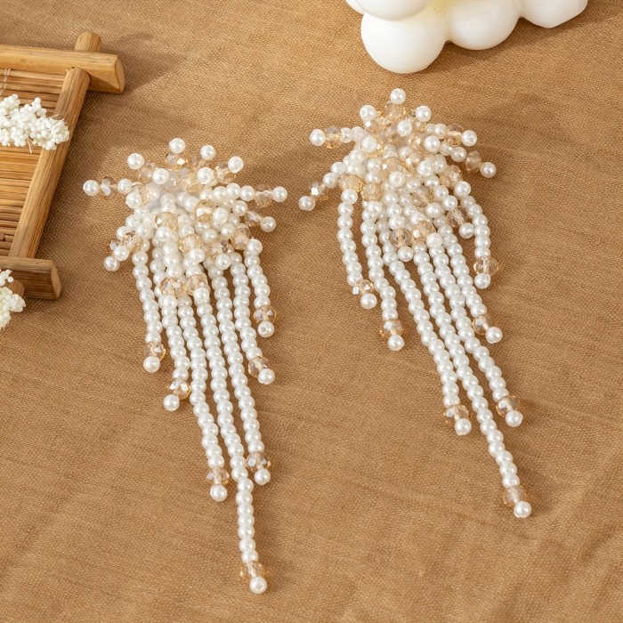 Handmade Beaded Flower Shape Tassel Earrings Long Shiny Personality High-end Atmosphere with Dress Wedding Important Occasions Earrings for Women