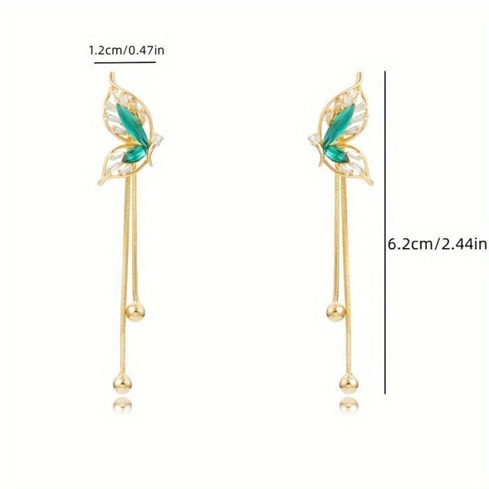 2pcs Stainless Steel Elegant Green Butterfly Tassel Drop Earrings for Women - Alloy Dangle with No Plating, Graceful Design, Versatile Fashion Jewelry