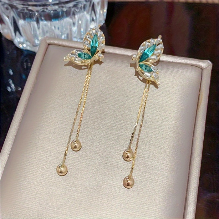 2pcs Stainless Steel Elegant Green Butterfly Tassel Drop Earrings for Women - Alloy Dangle with No Plating, Graceful Design, Versatile Fashion Jewelry