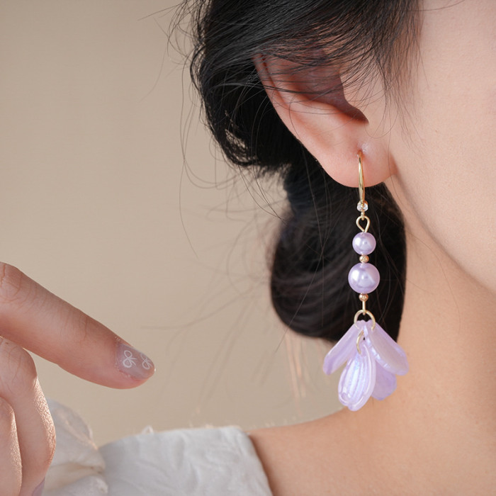 2pcs Elegant Vintage Flower Tassel Earrings with Imitation Pearl Beads & Iridescent Pastel Pink to Blue Gradient - Lightweight Durable Design for Daily Wear, Teacher's Day, Graduation Gifts - Women's Fashion Jewelry, Versatile Fashion Piece | Retro Style Accessory | Delicate Craftsmanship, Beaded Earrings