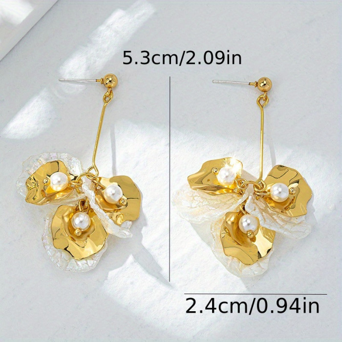 1 Pair Vintage Vacation Style 18K Golden Plated Copper Floral Tassel Earrings with Crackled Glass Pearls, Long Drop Dangle Earrings for Women, Daily & Holiday Wear, All Seasons Compatible