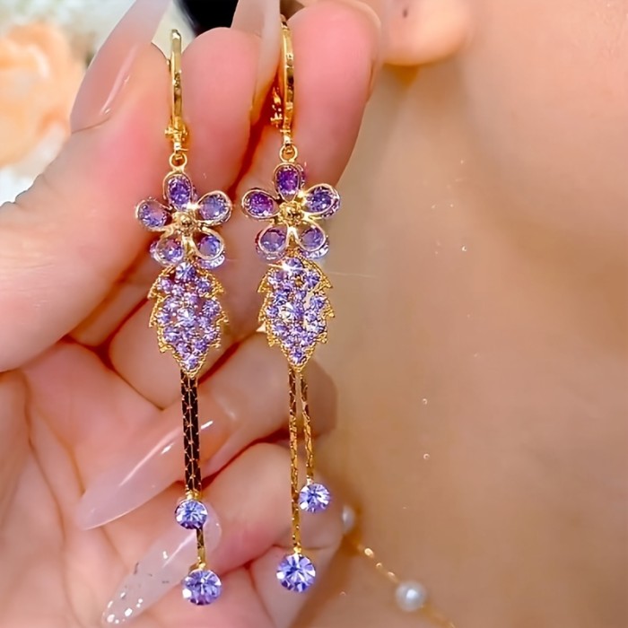 1 Pair Elegant Boho Style 14K Golden Plated Artificial Crystal Tassel Earrings, Purple Floral Leaf Design, Alloy Jewelry for Women, Perfect for Daily Wear & Parties
