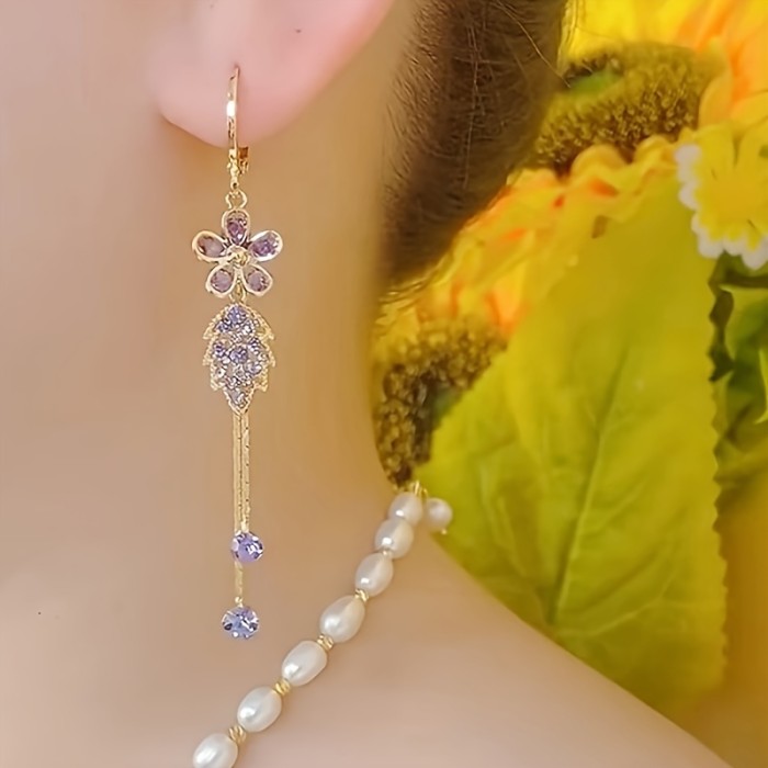 1 Pair Elegant Boho Style 14K Golden Plated Artificial Crystal Tassel Earrings, Purple Floral Leaf Design, Alloy Jewelry for Women, Perfect for Daily Wear & Parties