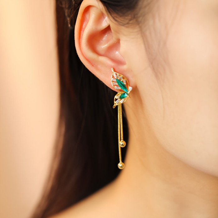 2pcs Stainless Steel Elegant Green Butterfly Tassel Drop Earrings for Women - Alloy Dangle with No Plating, Graceful Design, Versatile Fashion Jewelry