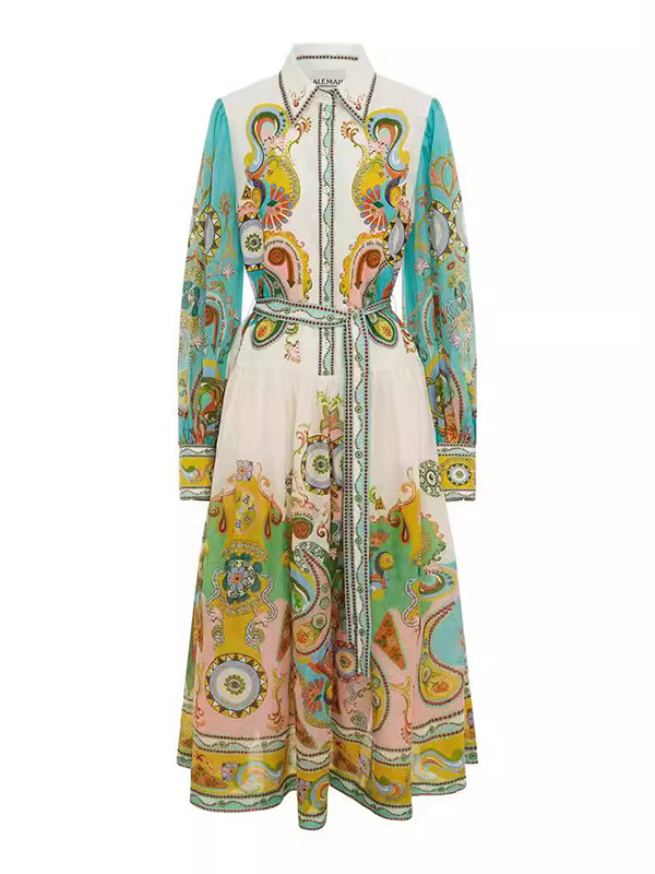 Flower Print Patchwork Lapel Collar Maxi Dresses