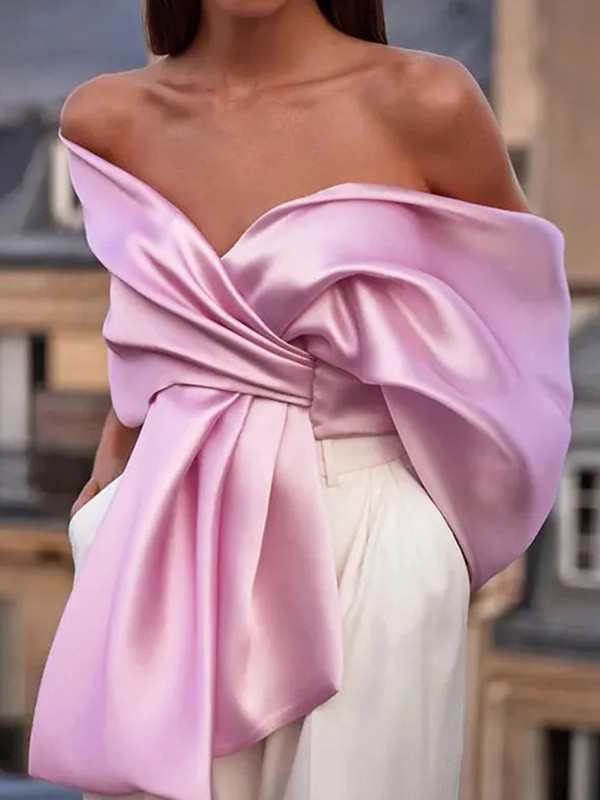 Bow-Knot One Shoulder Cloak Sleeves Satin Blouses
