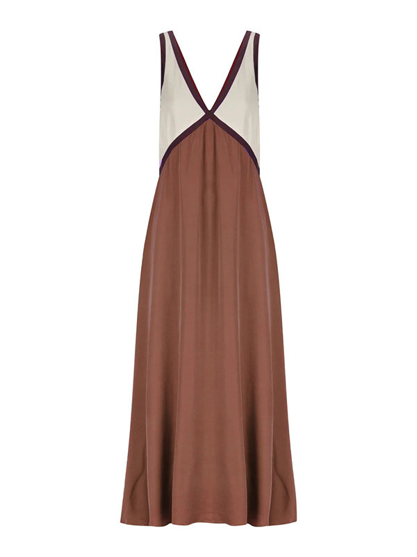 Contrast Color Split-Joint Loose Sleeveless Deep V-Neck Maxi Dresses