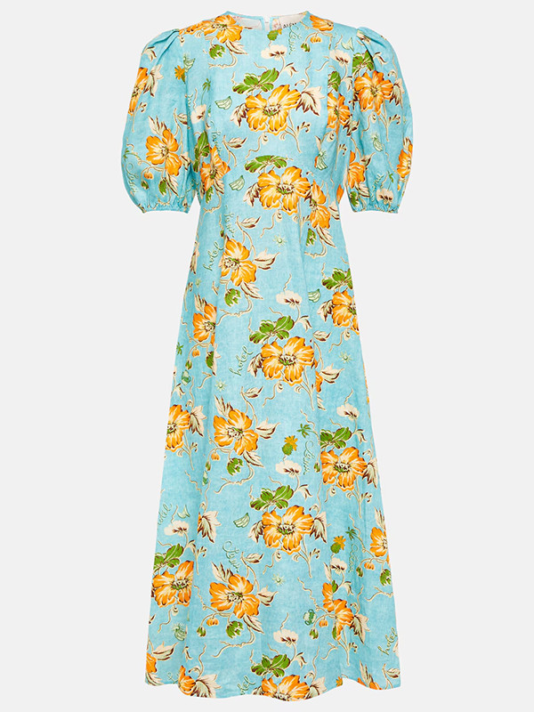 Puff Sleeves Short Sleeves Flower Print Round-Neck Maxi Dresse