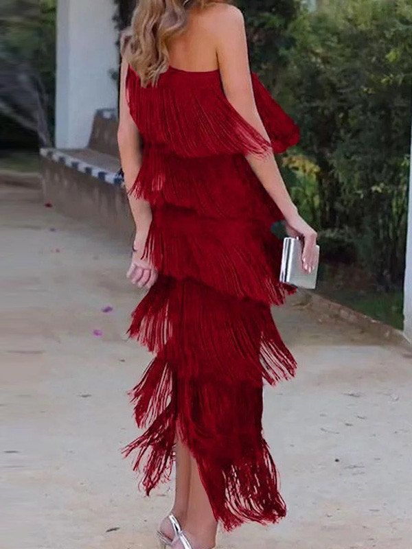 Asymmetric Solid Color Split-Joint Tasseled Loose Sleeveless One-Shoulder Maxi Dresses