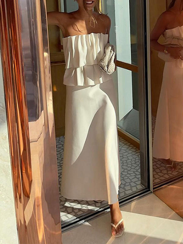 Solid Color Ruffled Tube Maxi Dresses