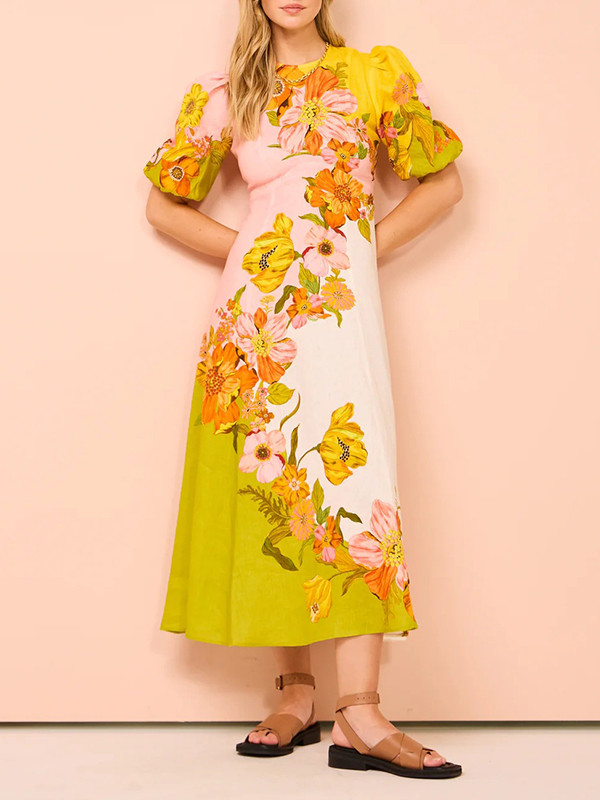 Puff Sleeves Short Sleeves Flower Print Round-Neck Maxi Dresse