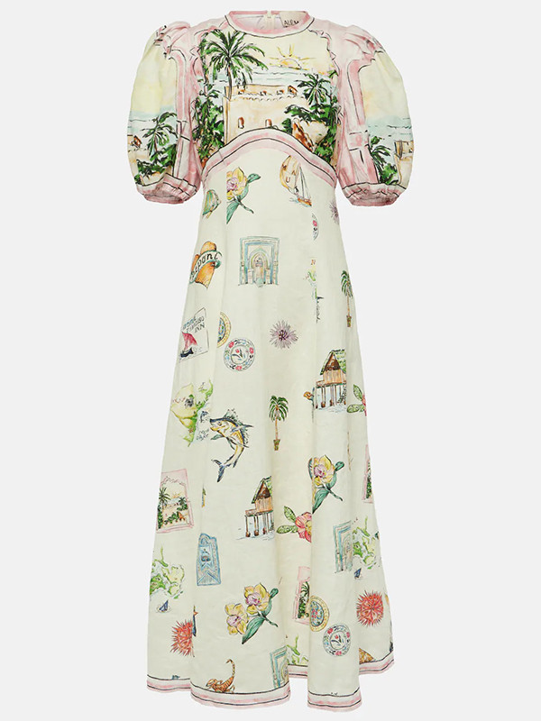 Puff Sleeves Short Sleeves Flower Print Round-Neck Maxi Dresse
