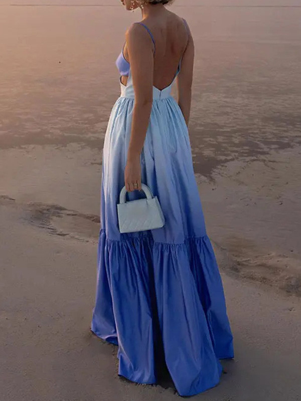 Gradient Color Pleated Sleevless Spaghetti-Neck Elegant Maxi Dresses