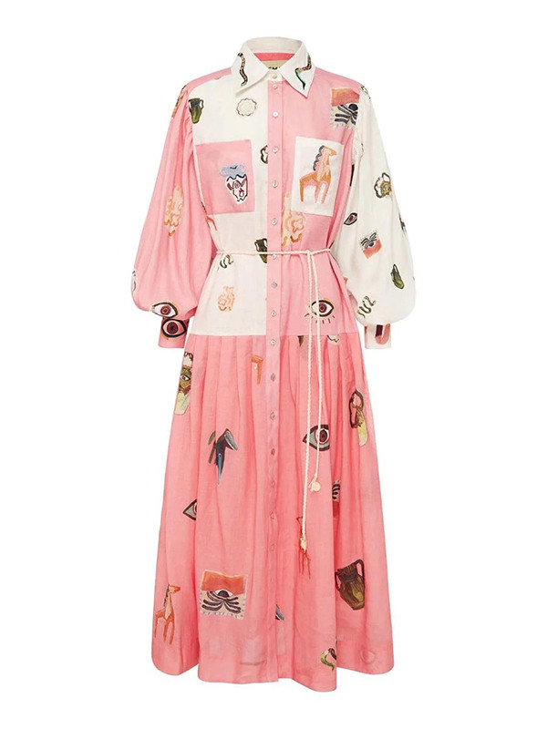 Flower Print Patchwork Lapel Collar Maxi Dresses