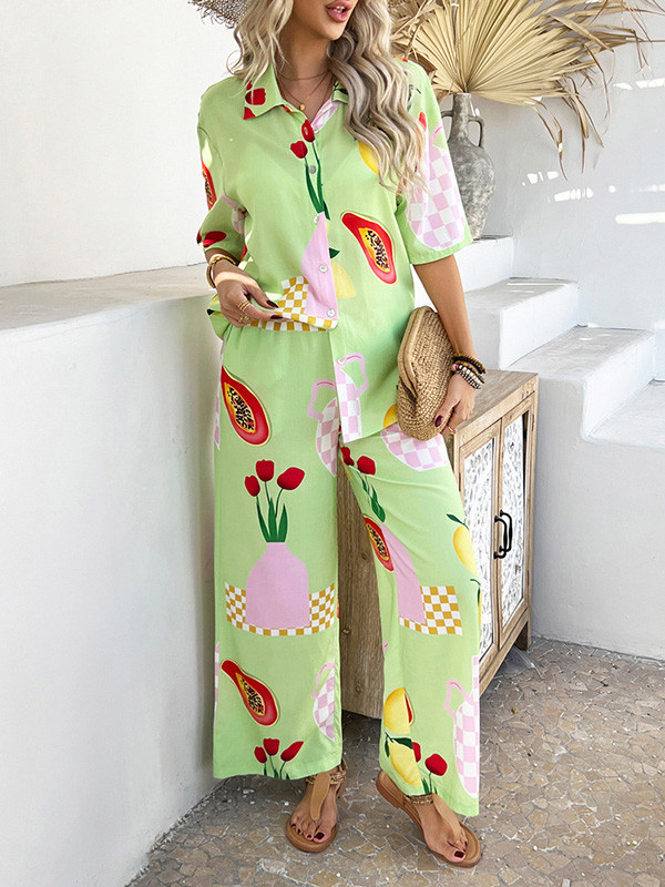 Contrast Color Flower Print Loose Buttoned Lapel T-Shirt Top + Elasticity Pockets High Waisted Pants Bottom Two Pieces Set