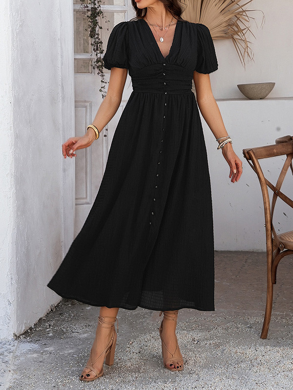 Buttoned Elasticity Pleated Solid Color A-Line High Waisted V-Neck Maxi Dresses