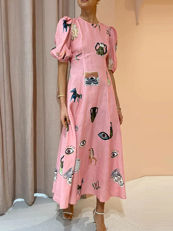Puff Sleeves Short Sleeves Flower Print Round-Neck Maxi Dresse