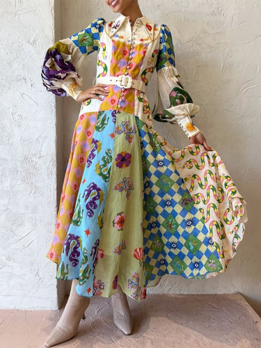 Flower Print Patchwork Lapel Collar Maxi Dresses