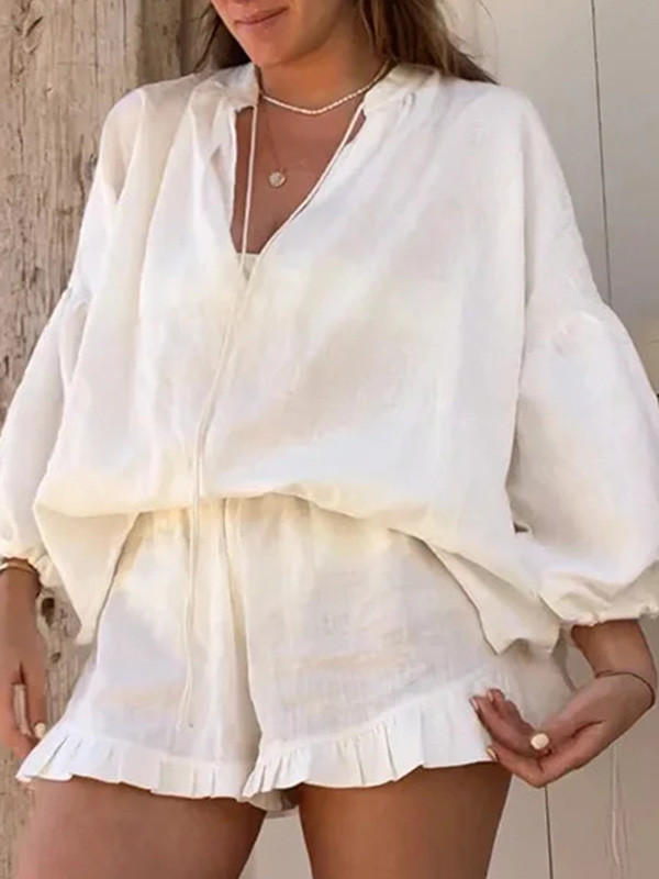 Solid Color Blouses Shirt Tops & Short Two-Piece Sets