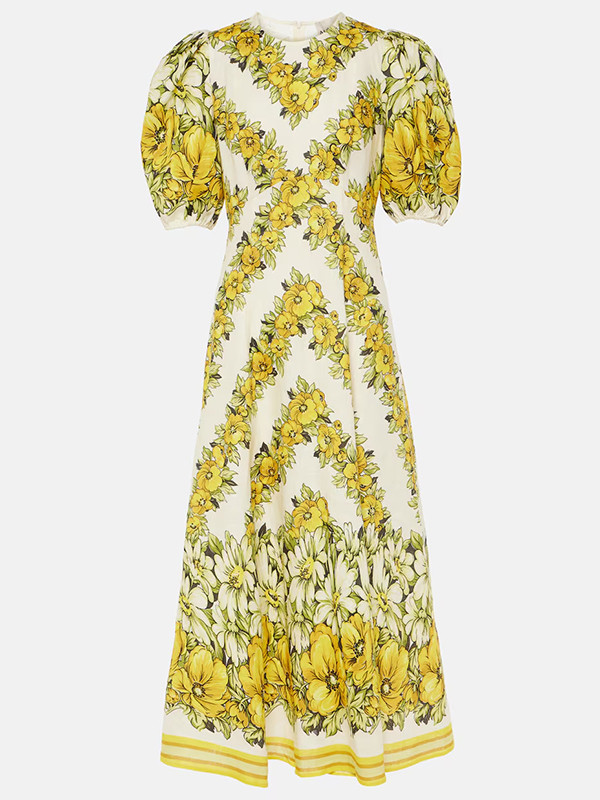 Puff Sleeves Short Sleeves Flower Print Round-Neck Maxi Dresse
