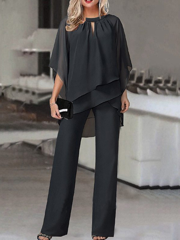 Solid Color Batwing Sleeves Shirt Tops & Pants Chiffon Two-Piece-Sets